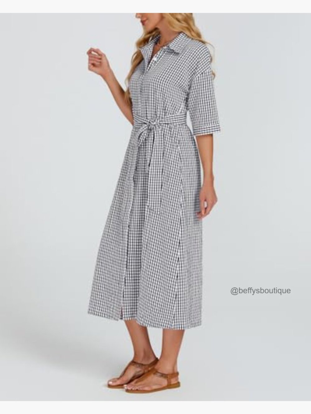 Plaid Half Sleeve Maxi Dress Button Down Loose Belted Dress with Pockets - Picture 4 of 7